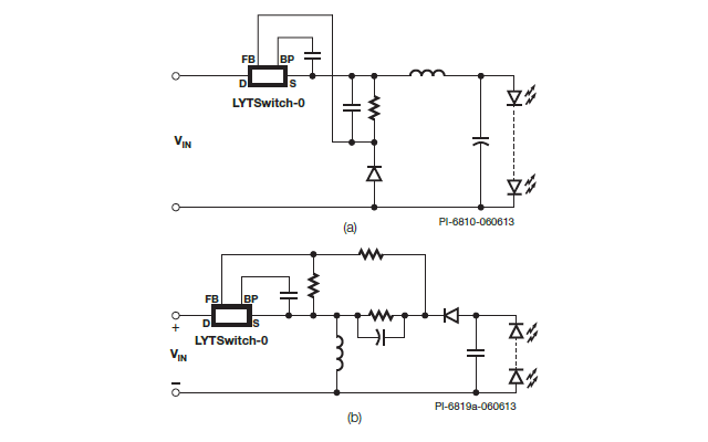 典型应用电路图 (a) 降压式，(b) 降压-升压式。